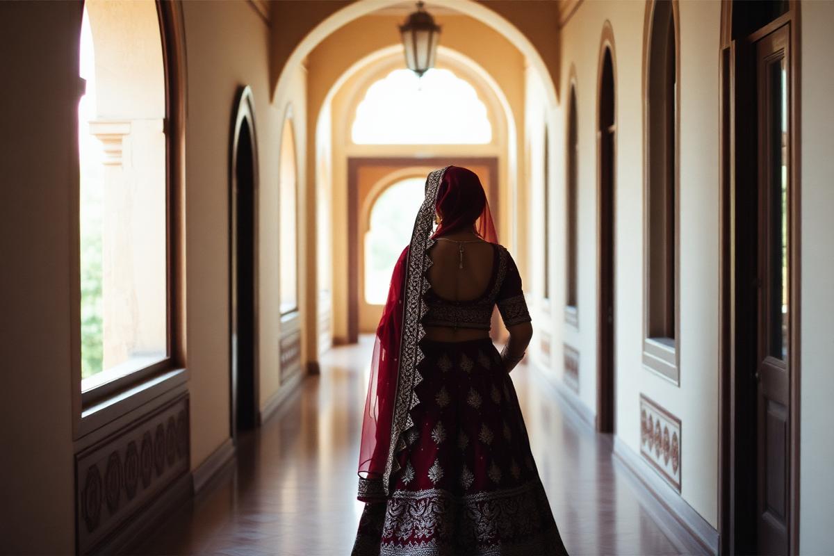 Bride in a palace corridor